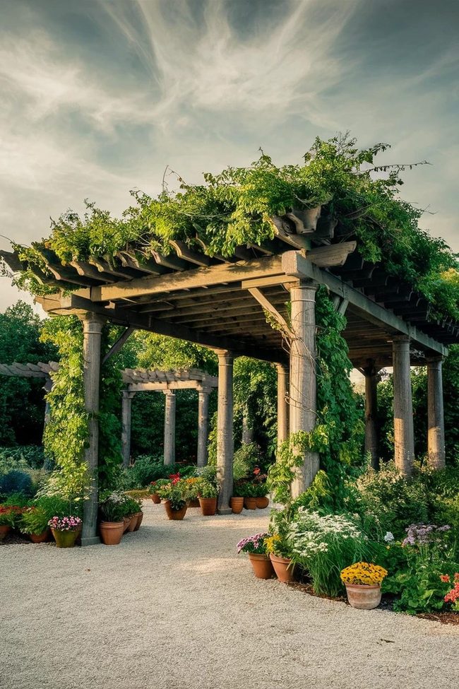 Flowering Vines Around Pergola