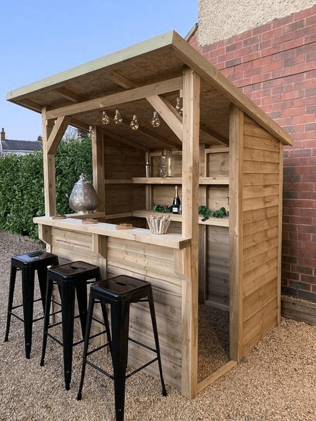 Wood Bar With Black Stools
