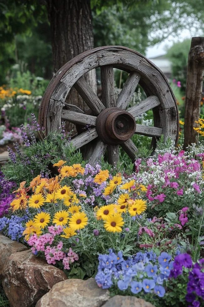 Weathered Wheel With Wildflower Garden
