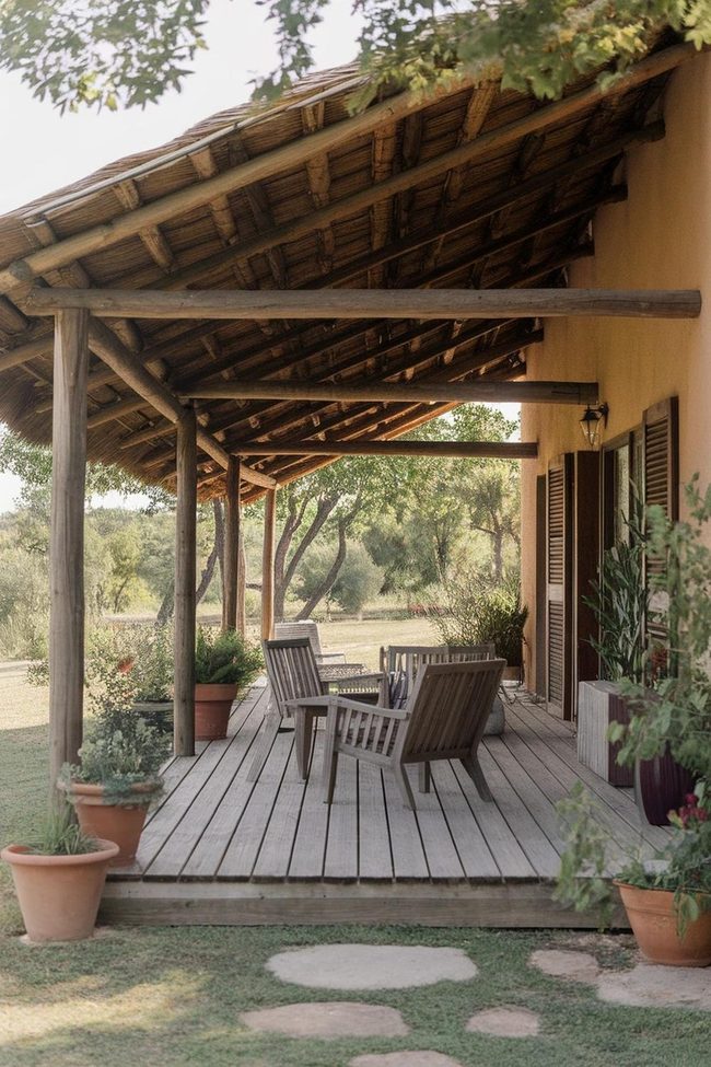 Wooden Beams String Lights Patio