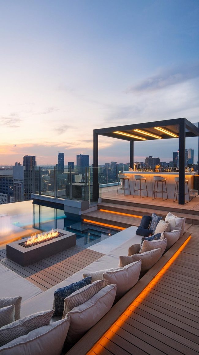 Marble Rooftop Terrace With Firepit