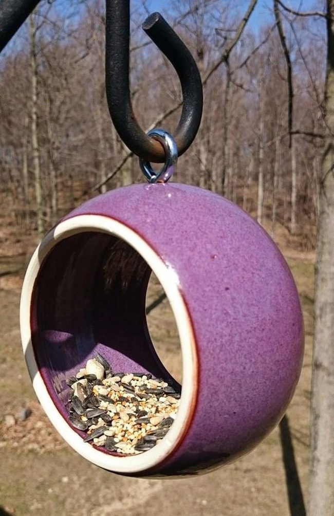 Purple Ceramic Bird Feeder Art