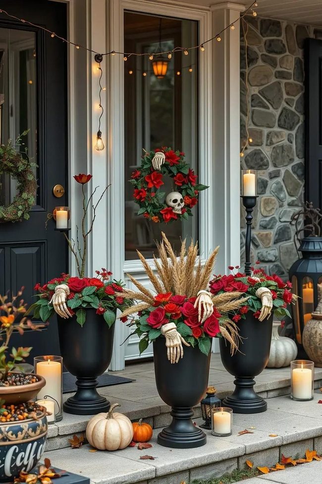 Black Stone Urns with Cascading Ivy