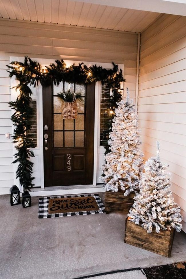 Snow-Dusted Trees Frame Winter Porch