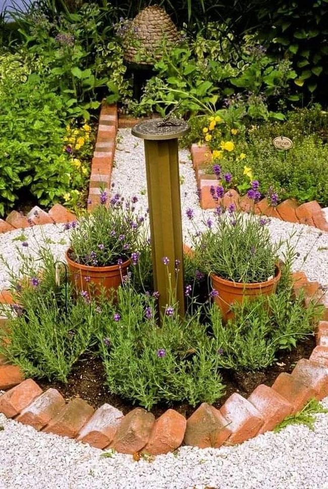 Red Brick Garden With Purple Blooms