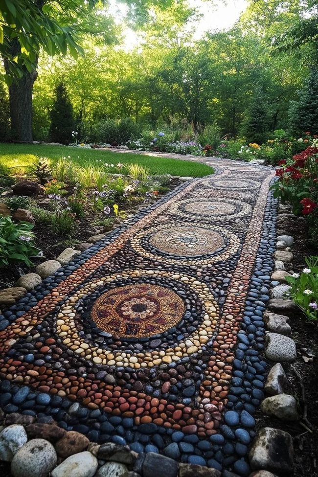 Colorful Stone Path Through Blooming Garden