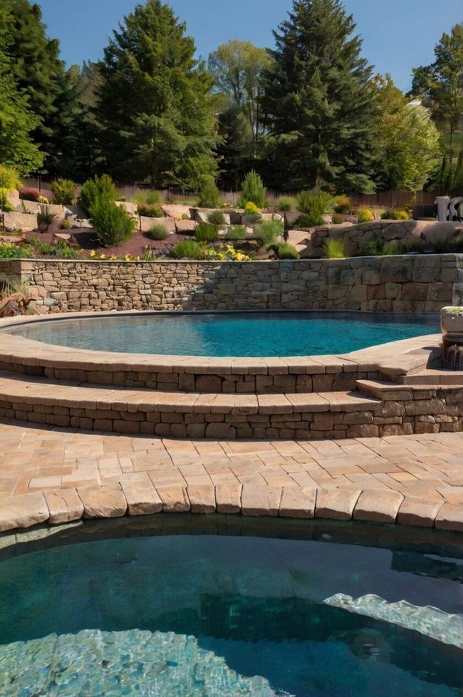 Gray Stone Wall Semi-Inground Pool