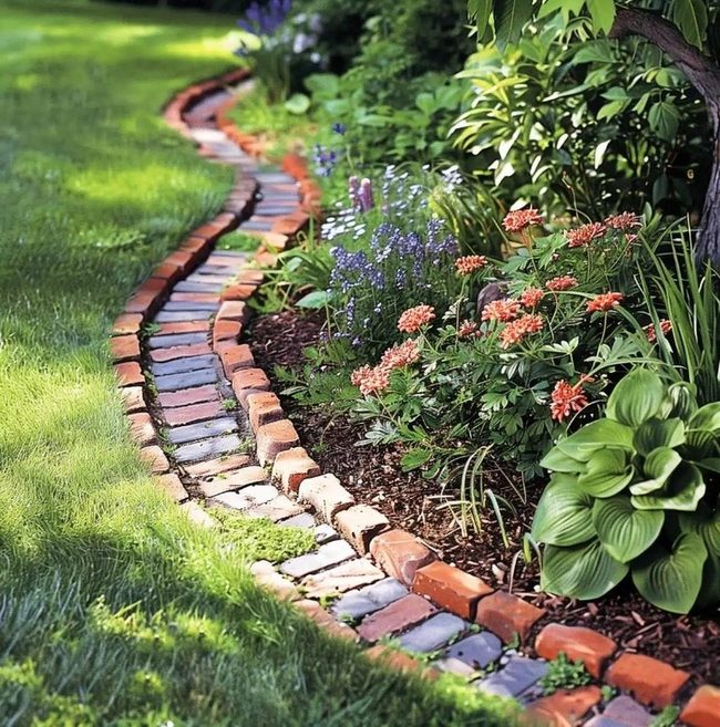 Brick Pathways Through Flowering Gardens