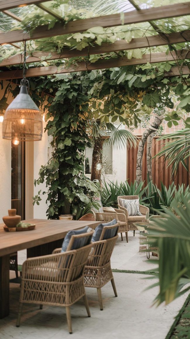 Walnut Tables Under Leafy Pergola