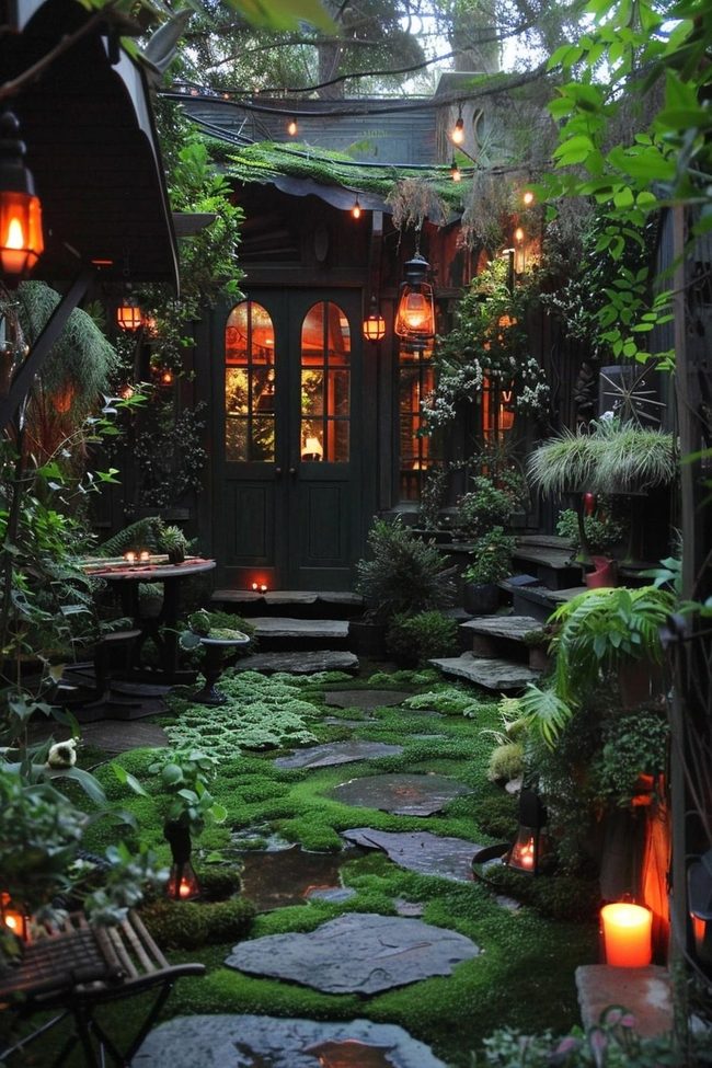 Lantern-Lit Stone Pathways Through Green