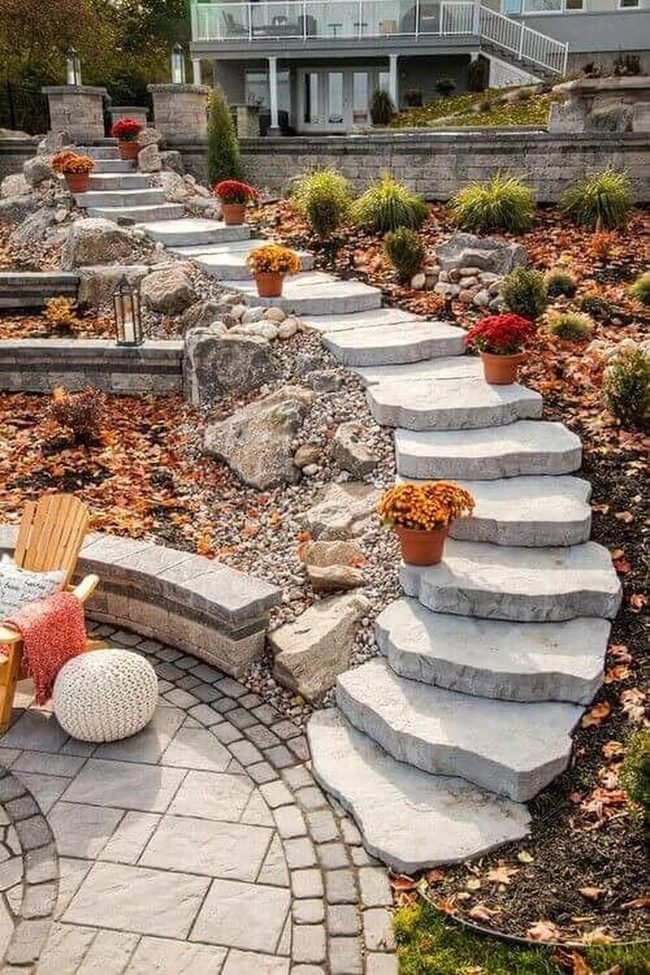 Stone Stairs Through Autumn Garden