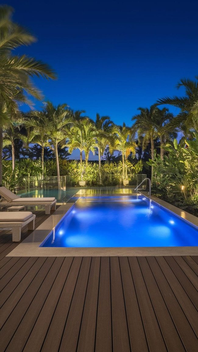 Glass-Fenced Pool With Tropical Waterfall