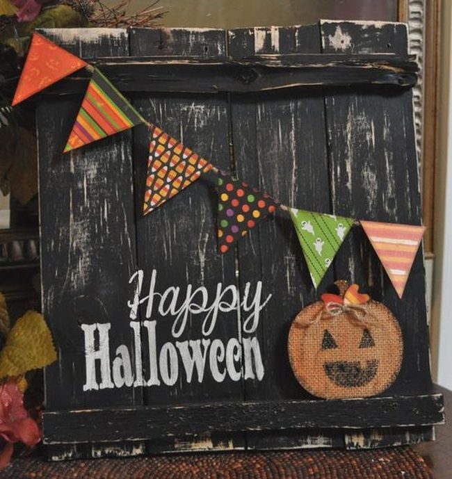 Black Wood Halloween Sign With Candy Corn Flags