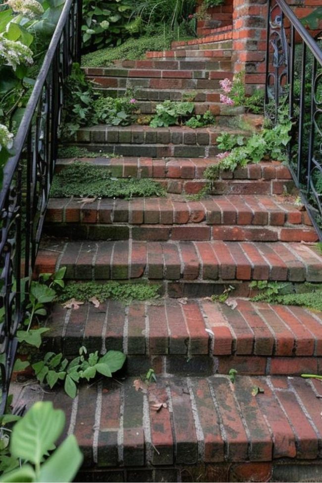 Red Brick Stairway Through Living Moss