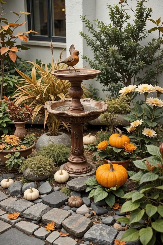 Weathered Stone Water Basin with Fall Botanicals