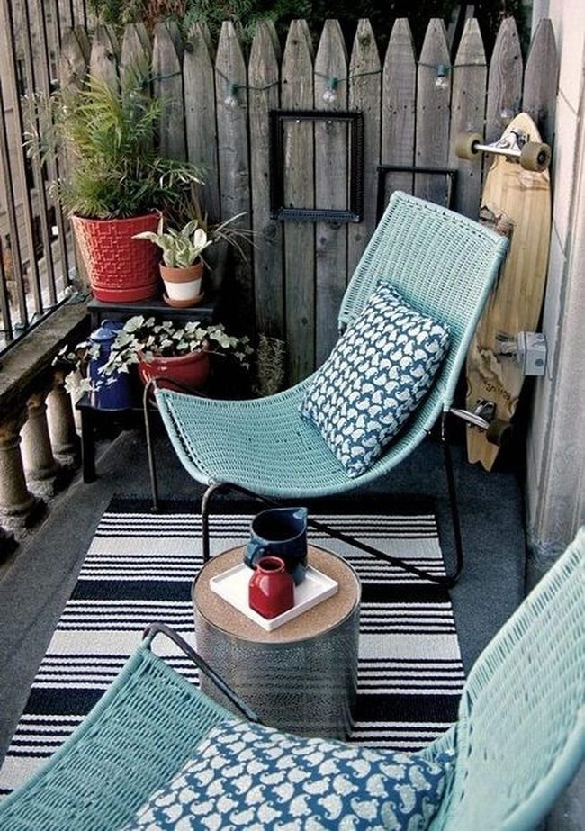 Light Blue Chairs, Black Striped Rug