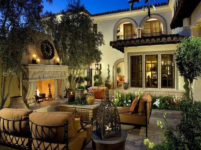 Stone Fireplace Courtyard Luxury