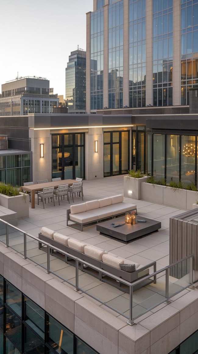 Glass-Railed Rooftop With Zoned Living Spaces