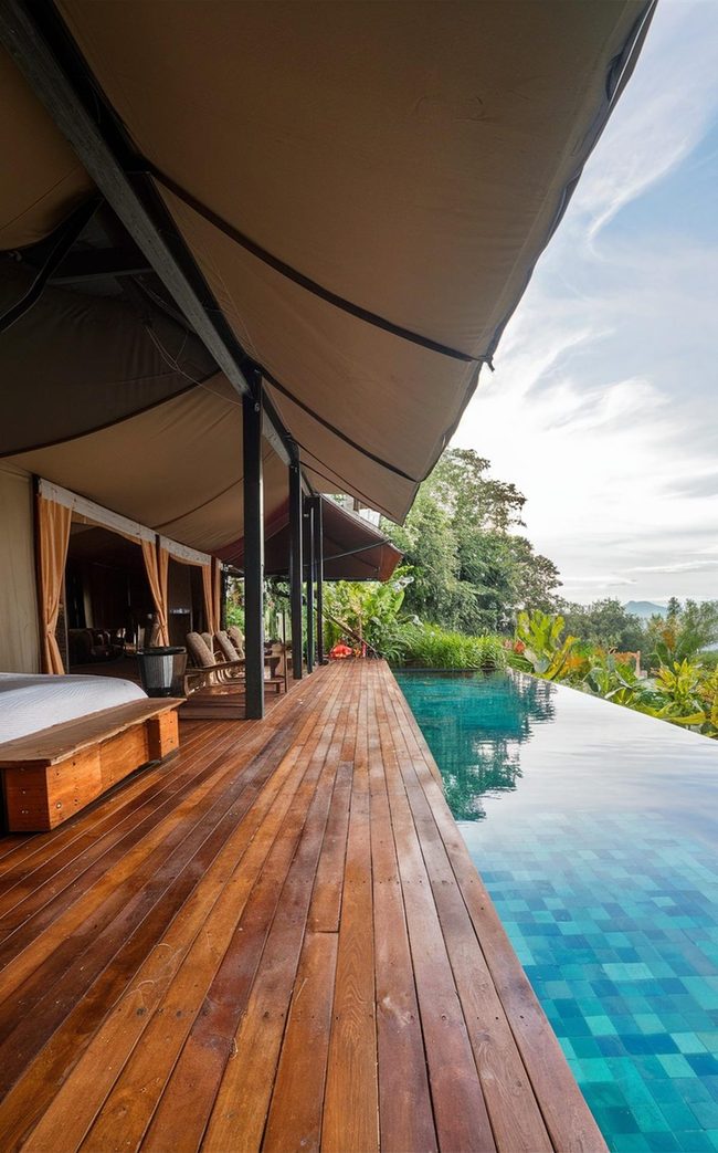 Wooden Deck With Layered Blankets