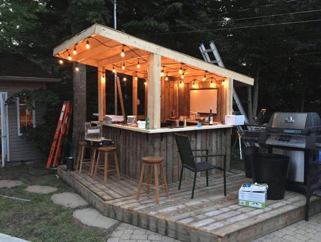 Wooden Garden Bar With String Lights