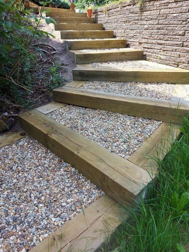 Warm Wood Steps Through Gravel