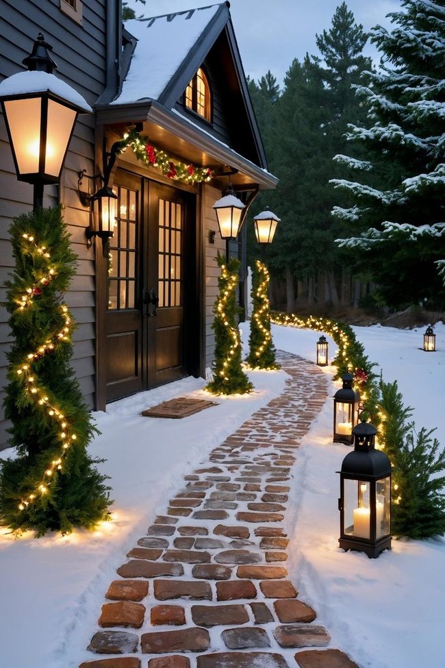 Pine-Lined Walkway Glowing Lanterns