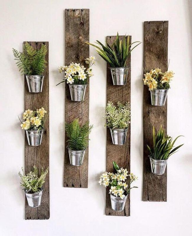 Wooden Wall Garden With Metallic Pots