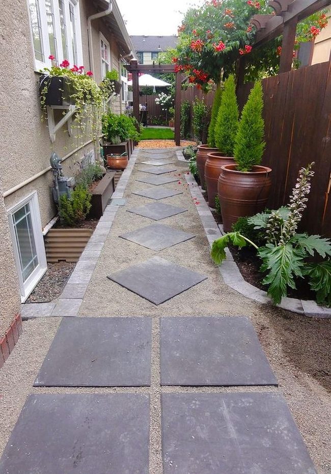 Geometric Stone Pathways Through Flowering Garden