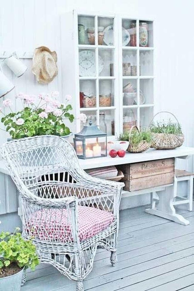 Red Checkered Cushion, Grey Wood Patio