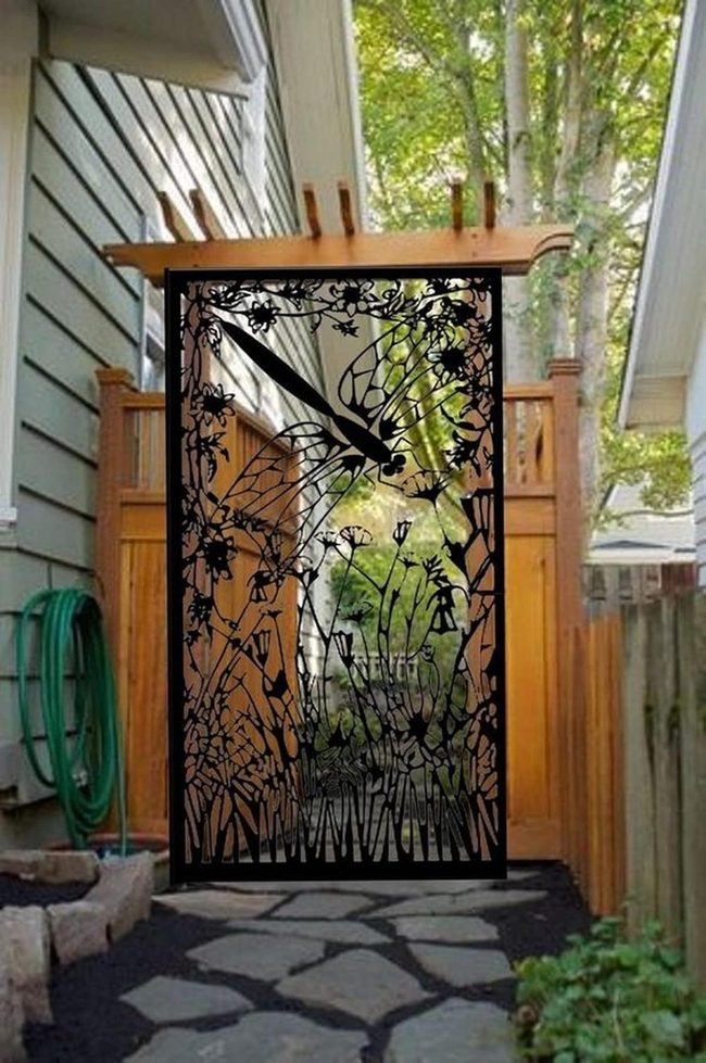 Stone Pathways, Wooden Pergola, Metal Dragonflies