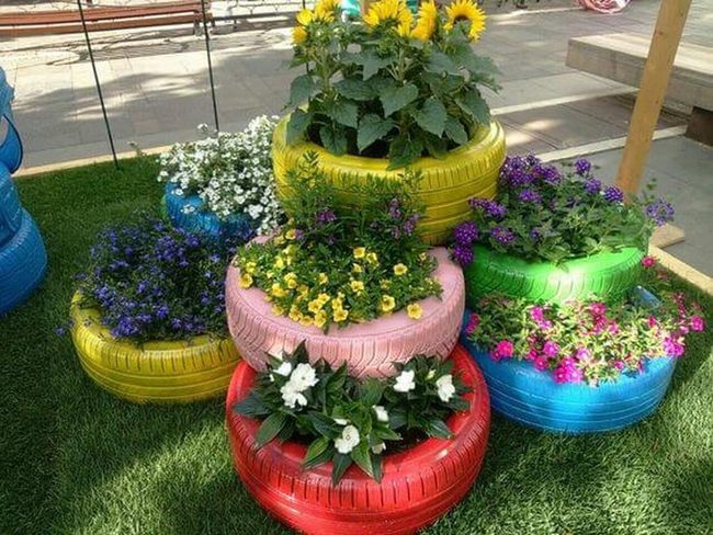 Stacked Tires Bloom In Rainbow