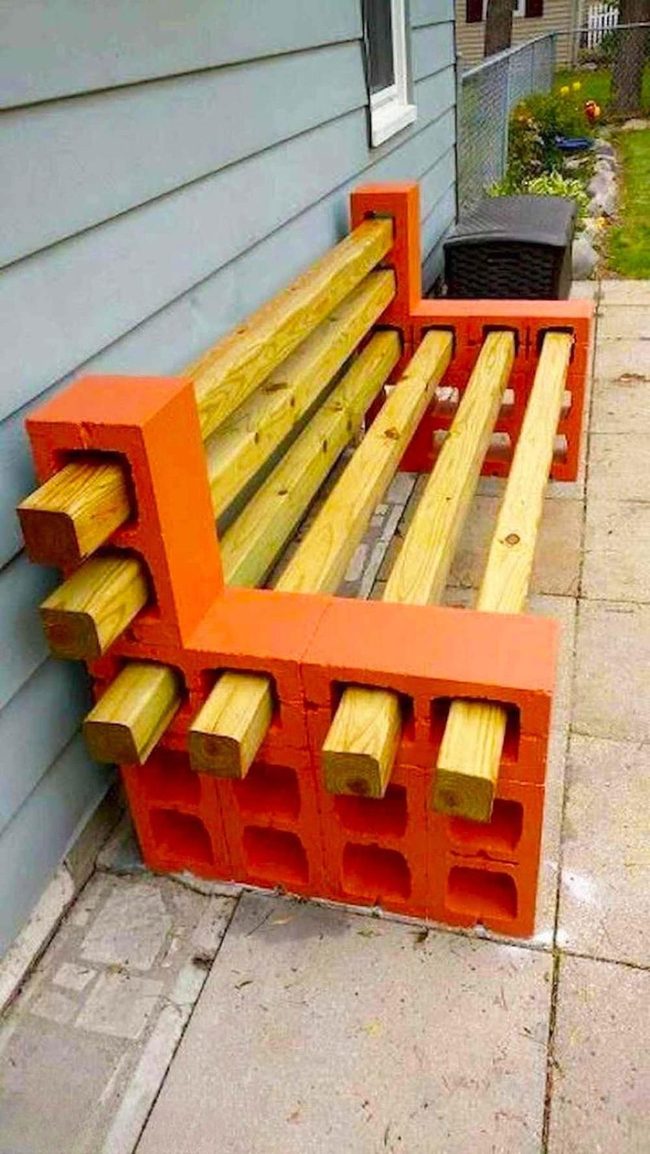 Orange Brick Bench With Wooden Seat