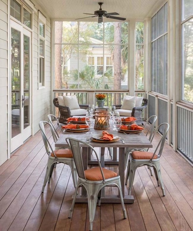 Reclaimed Wood Porch With Orange Cushions