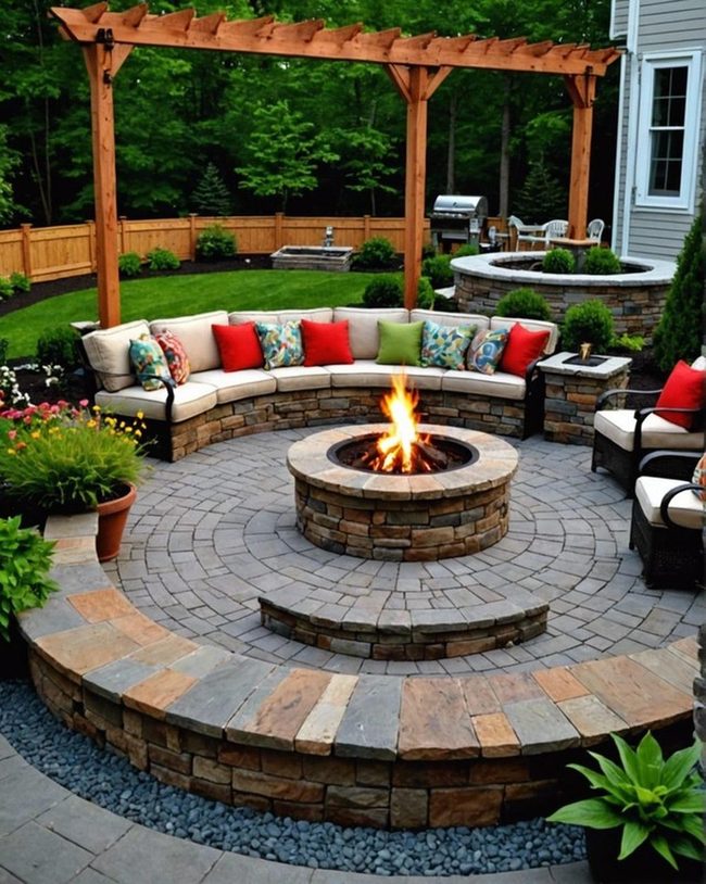 Fire Pit Patio with Green Plants