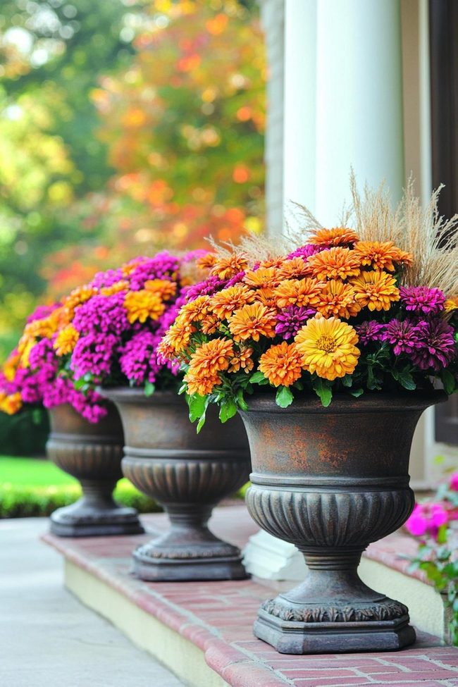 Overflowing Mums In Metal Urns