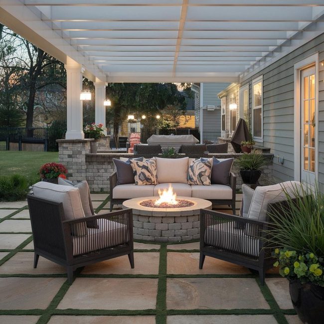 Stone Fireplace Under Pergola