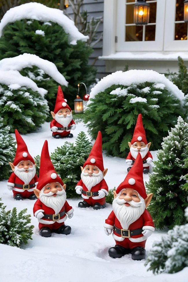 Snow-Covered Terrace Gnomes With Glowing Lights