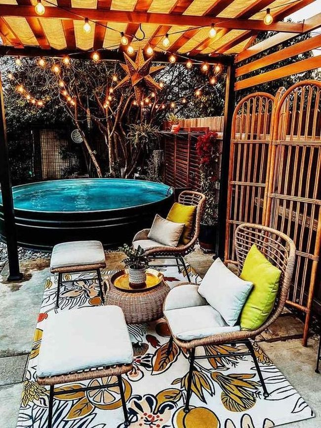 Blue Pool, Yellow Chairs, String Lights