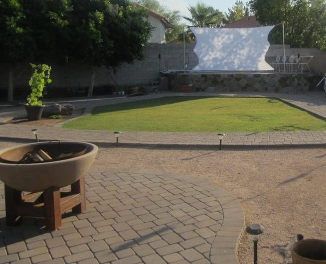 Stone Pathways, Fire Pit, Modern Shade