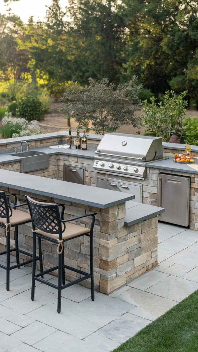 Stone and Steel Backyard Bar Cooking Space