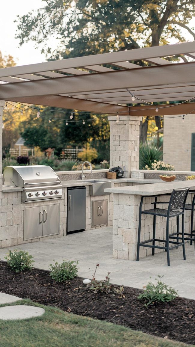 Outdoor Kitchen with Strung Lights