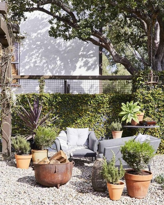Green Plants, Gray Seating, Firelit Evenings