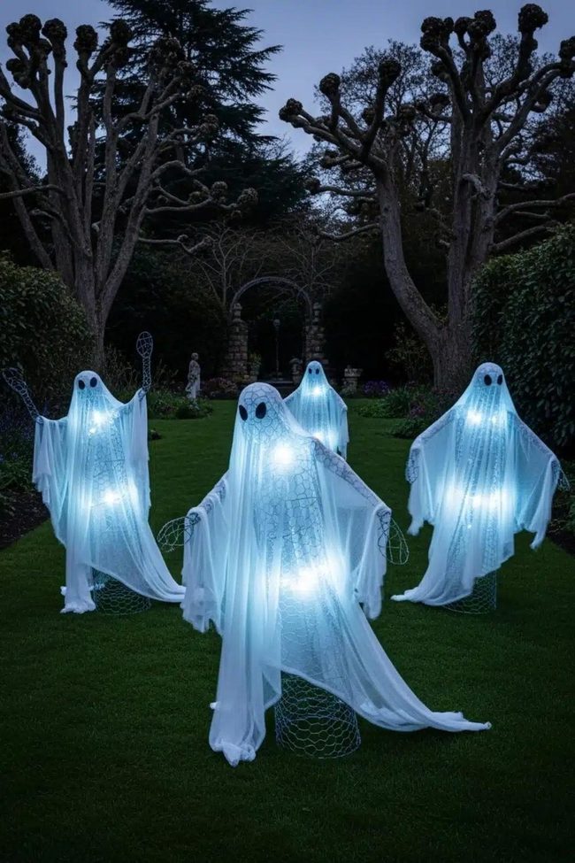 Chicken Wire Ghosts With Glowing Lights