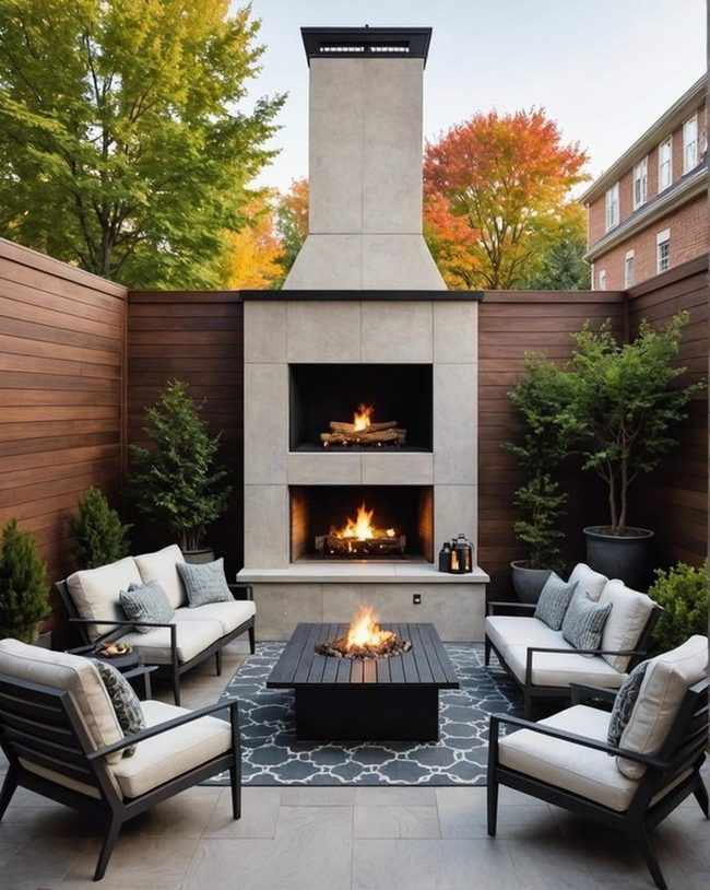 Gray Modern Patio with Fireplace
