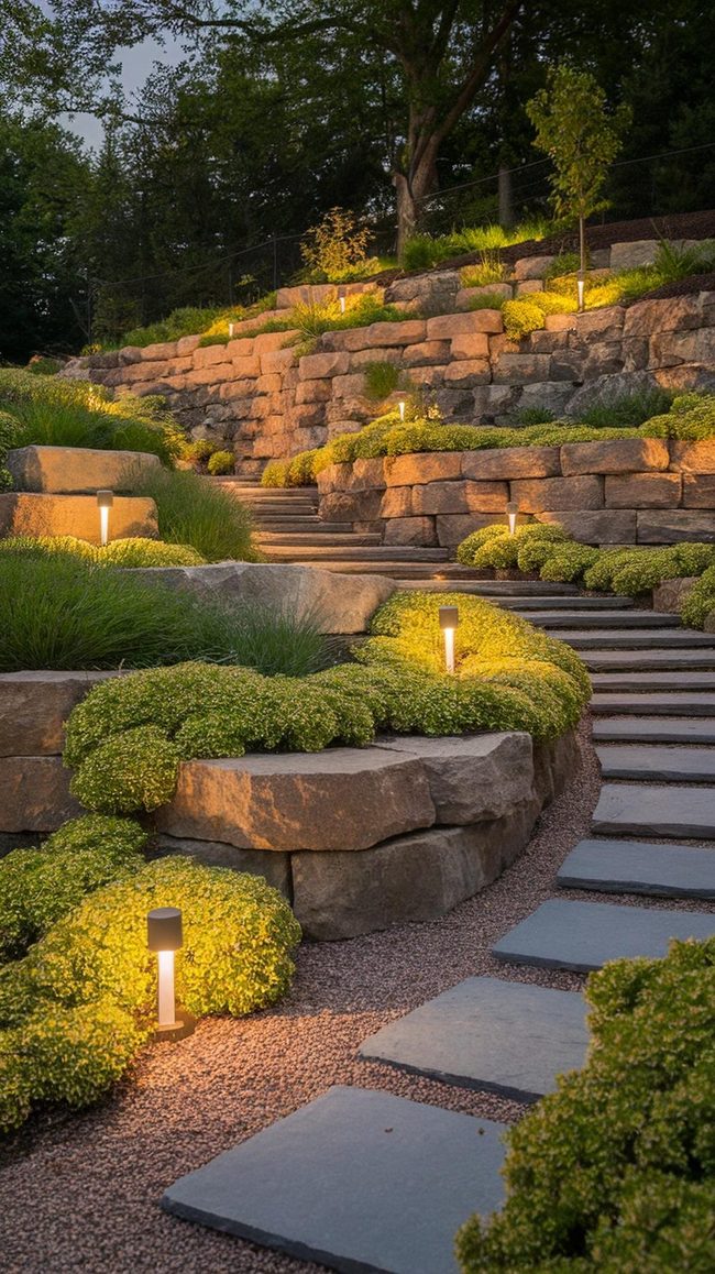 Gray Stone Terraces With Cascading Plants