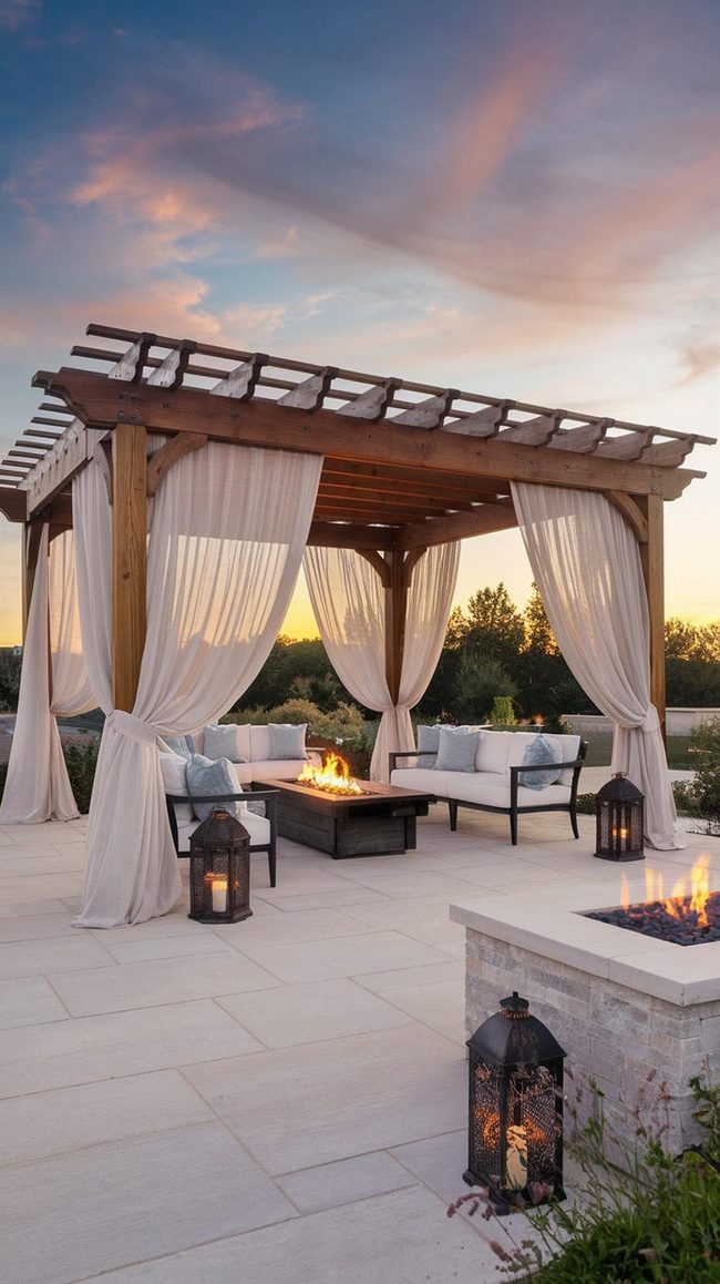 Flowing Fabric Walnut Pergola
