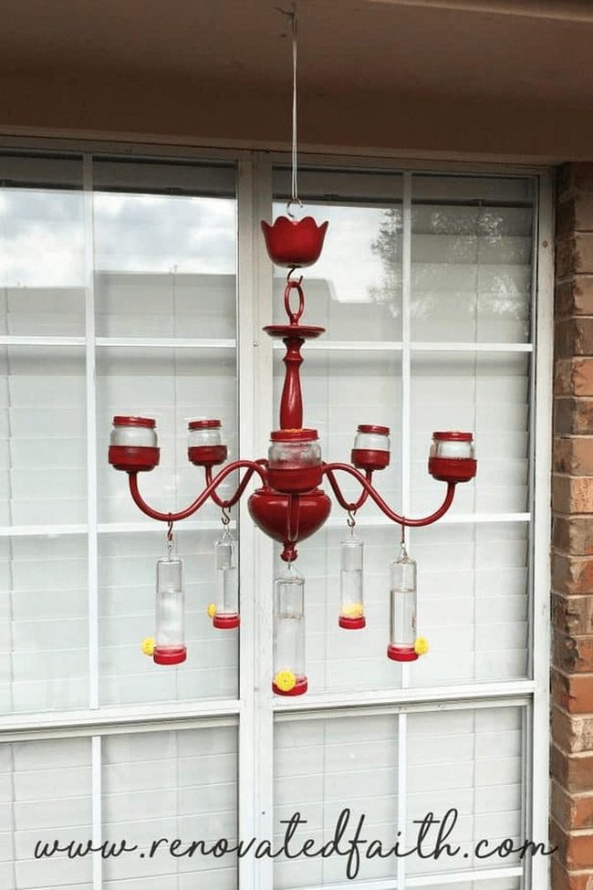 Red Metal Hummingbird Chandelier Feeder