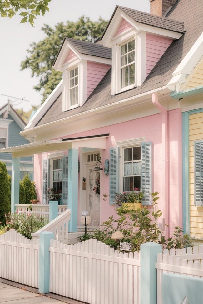 Pastel Pink House with Blue Shutters