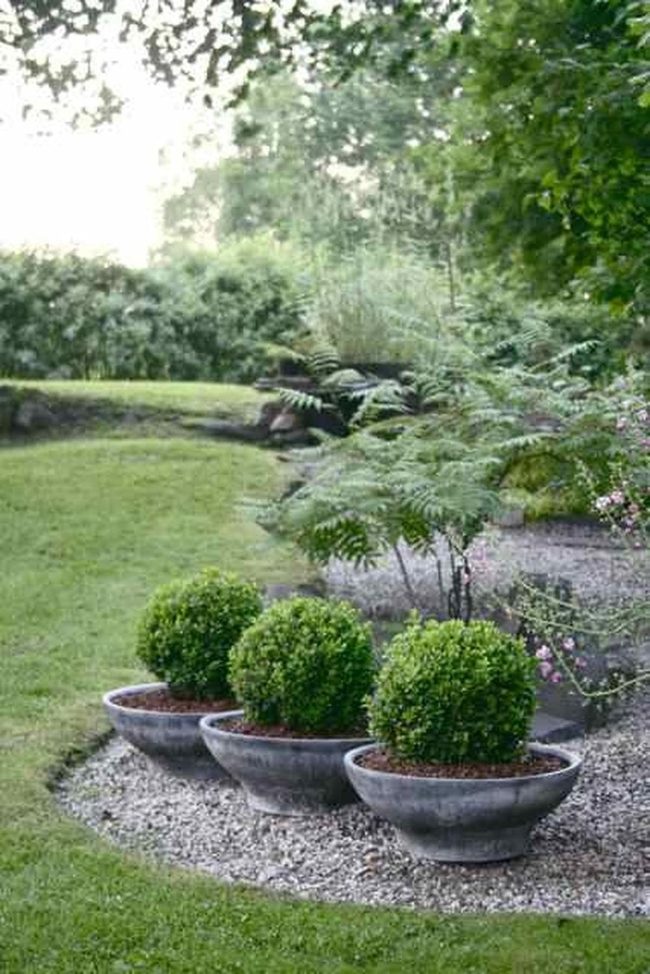 Stone Pots Among Layered Greens