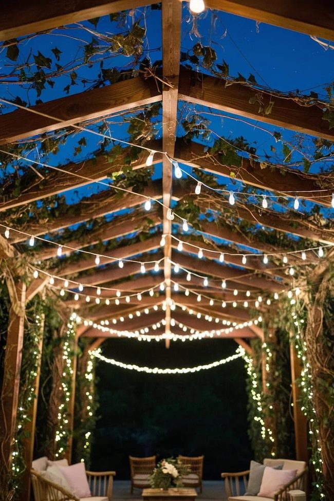 String Pendant Lamps Draped Pergola Evening